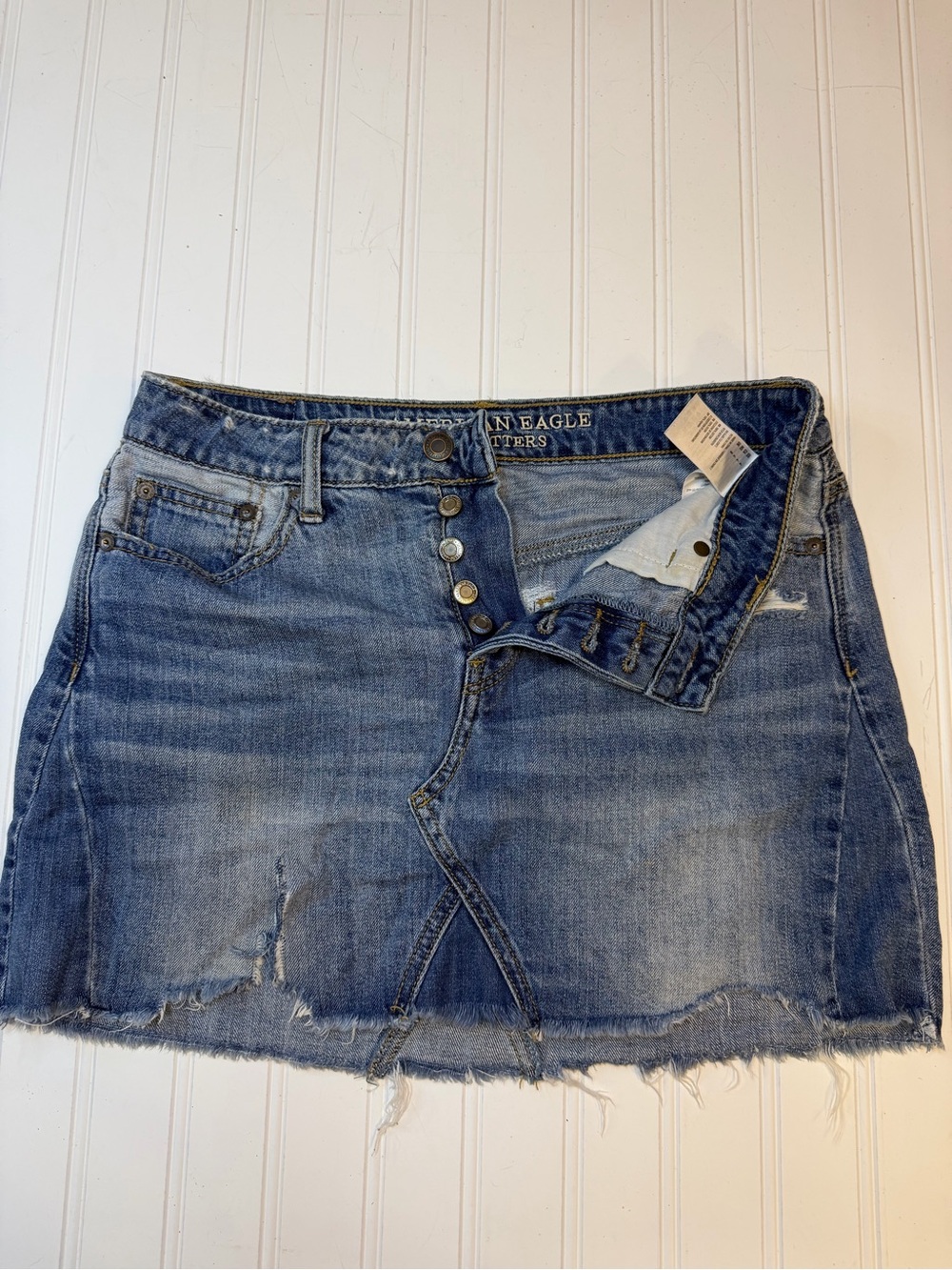 Denim Skirt American Eagle AEO button fly w/ frayed hem size 4 upcycling design
